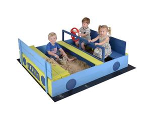 COSTWAY Kids Sandbox, 118 x 100cm Wooden Sand Pit with Bench Seats, Folding Lid, Sandpit Liner & Rotating Steering Wheel, Cartoon Car Design Outdoor Sand Box for Garden Backyard Beach