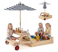 COSTWAY Kids Sandbox, Wooden Sandpit Playset with Foldable Umbrella,Convertible Picnic Table & Benches, 3-in-1 Outdoor Sand Box & Table Set for Boys Girls 3-5 Years Old
