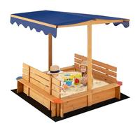 COSTWAY Kids Sandbox, Wooden Square Sandpit with Canopy, Built-in Bench Seat, Bottom Liner, Outdoor Sand Box for Backyard Garden Beach