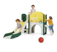 COSTWAY Kids Slide, Toddler Slide and Climber Set with Basketball Hoop, Telescope, Ring Toss, Crawling Tunnel, Long Aisle, Indoor Playground for Boys Girls (9 in 1)