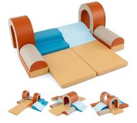 COSTWAY Kids Soft Play Set, 10 Pieces Baby Foam Climbing Blocks with Waterproof PU Leather, Indoor Toddler Climb and Crawl Activity Playset for Sensory Motor Skills (Brown)