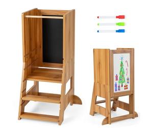 COSTWAY Kids Step Stool, Height Adjustable Toddler Kitchen Learning Tower with Safety Rail, Chalkboard & Whiteboard, Montessori Helper Stand for Kitchen Counter Bathroom Sink