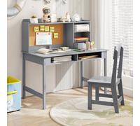 Costway Kids Study Desk And Chair Set Wooden Students Writing Table W/ Cork Bulletin Board-Gray