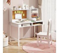 Costway Kids Study Desk And Chair Set Wooden Students Writing Table W/ Cork Bulletin Board-White
