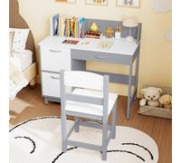 Costway Kids Study Desk & Chair Set Children Writing Table With Drawer & Cabinets-Grey