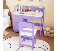 Costway Kids Study Desk & Chair Set Children Writing Table With Drawer & Cabinets-Purple
