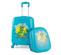 COSTWAY Kids Suitcase, 2Pcs Luggage Backpack Set with Wheels, Telescopic Handle, Airline Approved Carry-on Children Travel Suitcase for Holidays, Sleepovers, School Trips (Dinosaur)