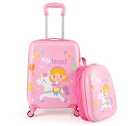 COSTWAY Kids Suitcase, 2Pcs Luggage Backpack Set with Wheels, Telescopic Handle, Airline Approved Carry-on Children Travel Suitcase for Holidays, Sleepovers, School Trips (Unicorn)