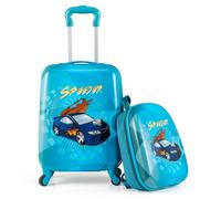 COSTWAY Kids Suitcase, 2Pcs Luggage Backpack Set with Wheels, Telescopic Handle, Airline Approved Carry-on Children Travel Suitcase for Holidays, Sleepovers, School Trips (Blue Car)