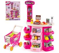 COSTWAY Kids Supermarket Playset, 76 PCS Pretend Play Grocery Store with Shopping Cart, Light, Sound, Play Food Accessories, Toddler Play Shop for 3+ Years Old (Pink)