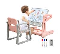 COSTWAY Kids Table and Chair, Drawing Board Study Desk with Adjustable Magnetic Whiteboard, Storage Space, Pens and Eraser, Children Activity Table and Chair Set for Boys Girls (Pink)