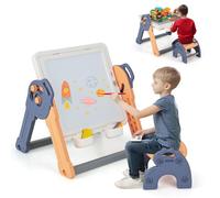 COSTWAY Kids Table and Chair Set, Toddler Art Easel with Storage, Double-Sided Tabletop, 100+ Building Blocks, 6 in 1 Multi-Activity Children Play Tables for Boys Girls