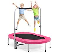 COSTWAY Kids Trampoline, 2 Persons Foldable Fitness Trampolines with 5 Levels Height Adjustable Handle, Indoor Double Oval Rebounder Exercise Jumper for Children, Teens and Adults (Pink)