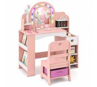 Costway Kids Vanity Desk Mirror And Lights Princess Pretend Play Makeup Table Open Storage Shelves Pink