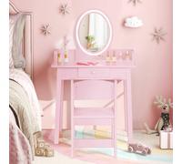 Costway Kids Vanity Set Makeup Beauty Dressing Table w/ Lighted Mirror in Pink COSTWAY Pink