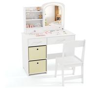 Costway Kids Vanity Set Princess Makeup Desk & Chair w/Lighted Mirror-White in White COSTWAY White