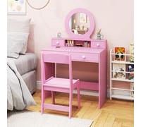 Costway Kids Vanity Set Princess Makeup Dressing Desk And Chair W/ Mirror-Pink