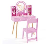 Costway Kids Vanity Set Princess Vanity Desk Set W/ Led Lighted Mirror-Pink