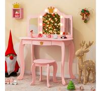 Costway Kids Vanity Set Princess Vanity Table & Chair Set W/ Lighted Mirror-Pink