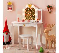 Costway Kids Vanity Set Princess Vanity Table & Chair Set W/ Lighted Mirror-White