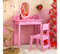 Costway Kids Vanity Set W/ Lighted Mirror Makeup Dressing Table W/ Chair
