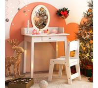 Costway Kids Vanity Set W/ Lighted Mirror Makeup Dressing Table W/ Chair