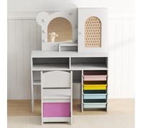 Costway Kids Vanity Set With Lights Princess Dressing Table & Chair With 5 Drawers-White