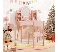 Costway Kids Vanity Set Wooden Dressing Desk Set w/ LED Lighted Mirror in Light Pink COSTWAY Light Pink