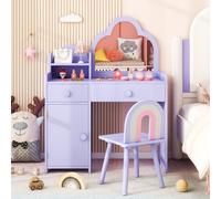 Costway Kids Vanity Table And Chair Set Girls Vanity Set W/ Cloud-Shaped Mirror Purple