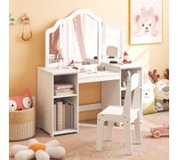 Costway Kids Vanity Table And Chair Set Princess Makeup Vanity Set W/ Tri-Folding Mirror