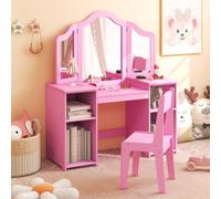 Costway Kids Vanity Table And Chair Set Princess Makeup Vanity Set W/ Tri-Folding Mirror