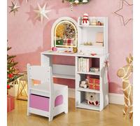 Costway Kids Vanity Table & Chair Set Dressing Table Set w/Drawer & Shelves in White COSTWAY White