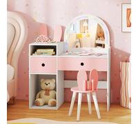 Costway Kids Vanity Table & Chair Set Dressing Table Set w/Drawers & Mirror in White COSTWAY White