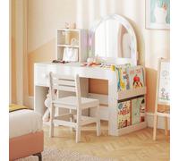 Costway Kids Vanity Table & Chair Set Dressing Table Set w/ Lighted Mirror in White COSTWAY White