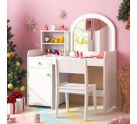 Costway Kids Vanity Table Chair Set Lighted Mirror Storage Drawer Cabinet