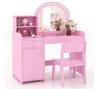 Costway Kids Vanity Table Chair Set Lighted Mirror Storage Drawer Cabinet in Pink COSTWAY Pink