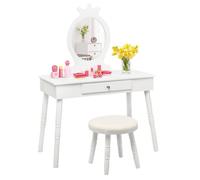 Costway Kids Vanity Table Chair Set Pretend Makeup Mirror Drawer in White COSTWAY White