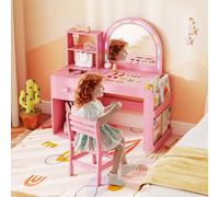 Costway Kids Vanity Table & Chair Set w/ Lighted Mirror Dressing Table Set in Bright Pink COSTWAY Bright Pink
