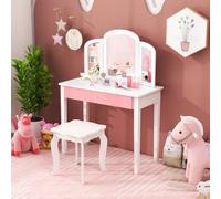 Costway Kids Vanity Table & Stool Set Pretend Makeup Dressing Table W/ Drawer