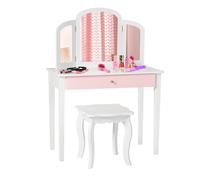 Costway Kids Vanity Table & Stool Set Princess Makeup Dressing Table w/ Drawer in White COSTWAY White