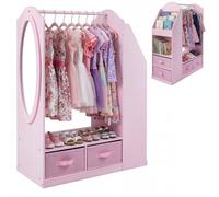 Costway Kids Wardrobe With Full-Length Mirror Dress Up Storage Cabinet With Hanging Rack-Pink