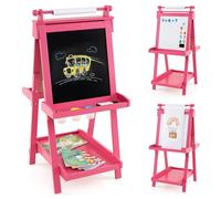 COSTWAY Kids Wooden Art Easel, Double-Sided Height Adjustable Children Easels with Paper Roll, Blackboard, Magnetic Whiteboard, 3 Paint Cups, Folding Drawing Board for Boys Girls (Pink)