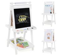 COSTWAY Kids Wooden Art Easel, Double-Sided Height Adjustable Children Easels with Paper Roll, Blackboard, Magnetic Whiteboard, 3 Paint Cups, Folding Drawing Board for Boys Girls (White)