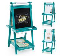 COSTWAY Kids Wooden Art Easel, Double-Sided Height Adjustable Children Easels with Paper Roll, Blackboard, Magnetic Whiteboard, 3 Paint Cups, Folding Drawing Board for Boys Girls (Green)