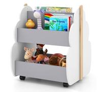 Costway Kids Wooden Bookshelf W/ Wheels 2-Tier Toy Storage Shelf Double-Sided Bookcase