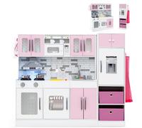 COSTWAY Kids Wooden Kitchen, 2-Piece Modular Toy Kitchen Set with Lights, Sounds, Water Circulation, Refrigerator, Cookware, Large Pretend Role Play Kitchens for Ages 3+ (Pink+White)