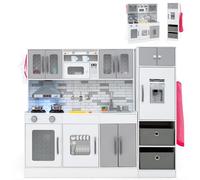 COSTWAY Kids Wooden Kitchen, 2-Piece Modular Toy Kitchen Set with Lights, Sounds, Water Circulation, Refrigerator, Cookware, Large Pretend Role Play Kitchens for Ages 3+ (Grey+White)