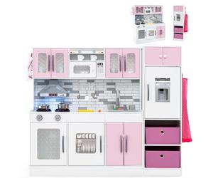 COSTWAY Kids Wooden Kitchen, 2-Piece Modular Toy Kitchen Set with Lights, Sounds, Water Circulation, Refrigerator, Cookware, Large Pretend Role Play Kitchens for Ages 3+ (Pink+White)