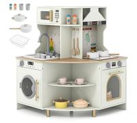 COSTWAY Kids Wooden Kitchen, Corner Pretend Play Kitchen with Realist Sound & Light, Working Faucet, Sink, Microwave, Dishwasher and Utensils, Children Cooking Chef Role Playset for Boys Girls Ages 3+