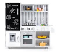 COSTWAY Kids Wooden Kitchen, Large Pretend Play Kitchen with Lights & Sounds, Blackboard, Realistic Oven, Sink, Utensils, Children Cooking Role Playset for Boys Girls (White+Silver)